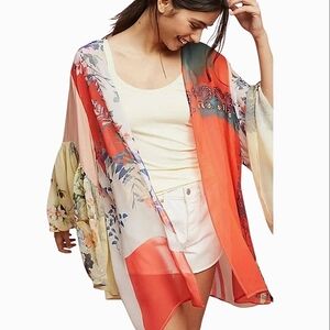 Anthropologie Floreat Ruffled Bell Sleeve Open Front Kimono Top Boho Festival LG